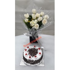 10 White Roses Bunch + 1/2 Kg. black Floest cake